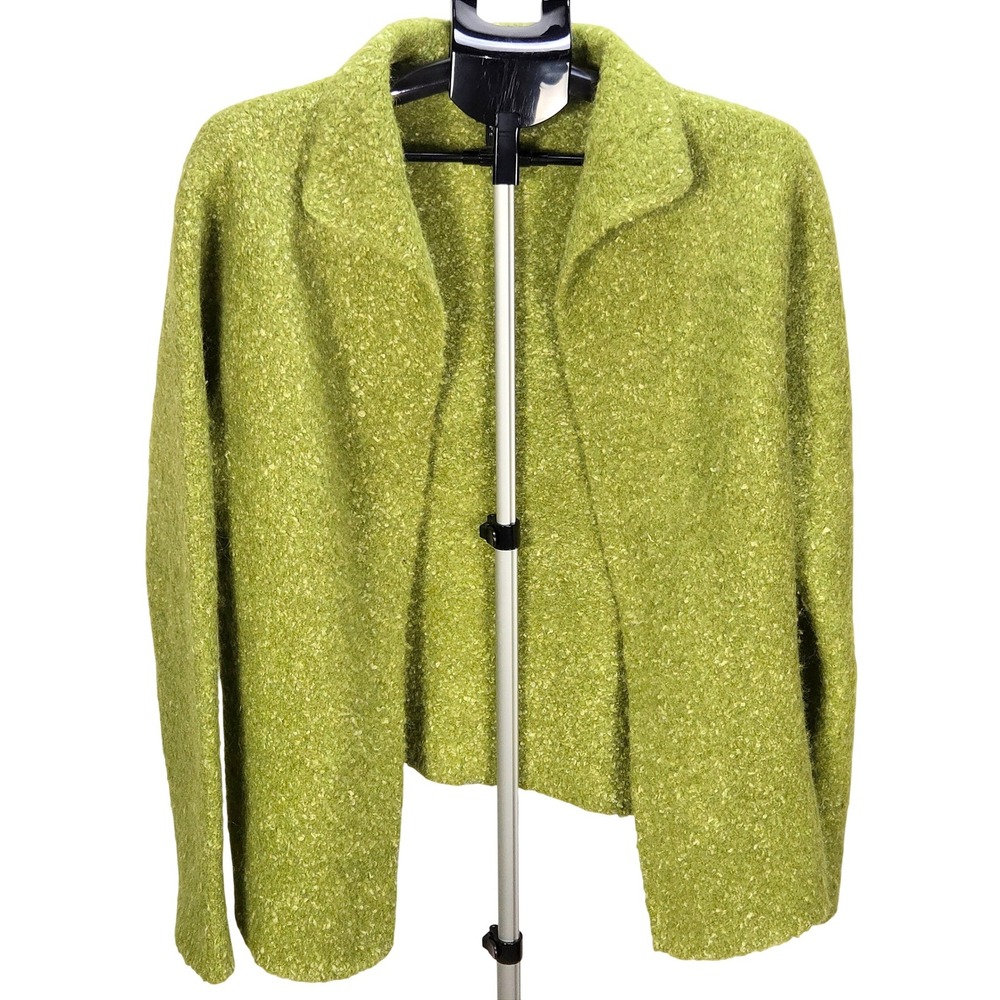 Women's Eileen Fisher Medium Green Alpaca Wool Silk Boucle Open Cardigan